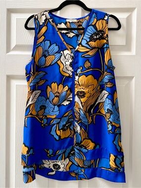 Pleione Royal Blue and Mustard Floral Sleeveless V-Neck Camisole, Sleeveless, M